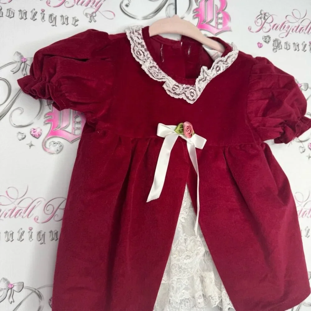 Jilly dress velvet velour style fabric rose bud ribbonn lace christmas 🎄 baby